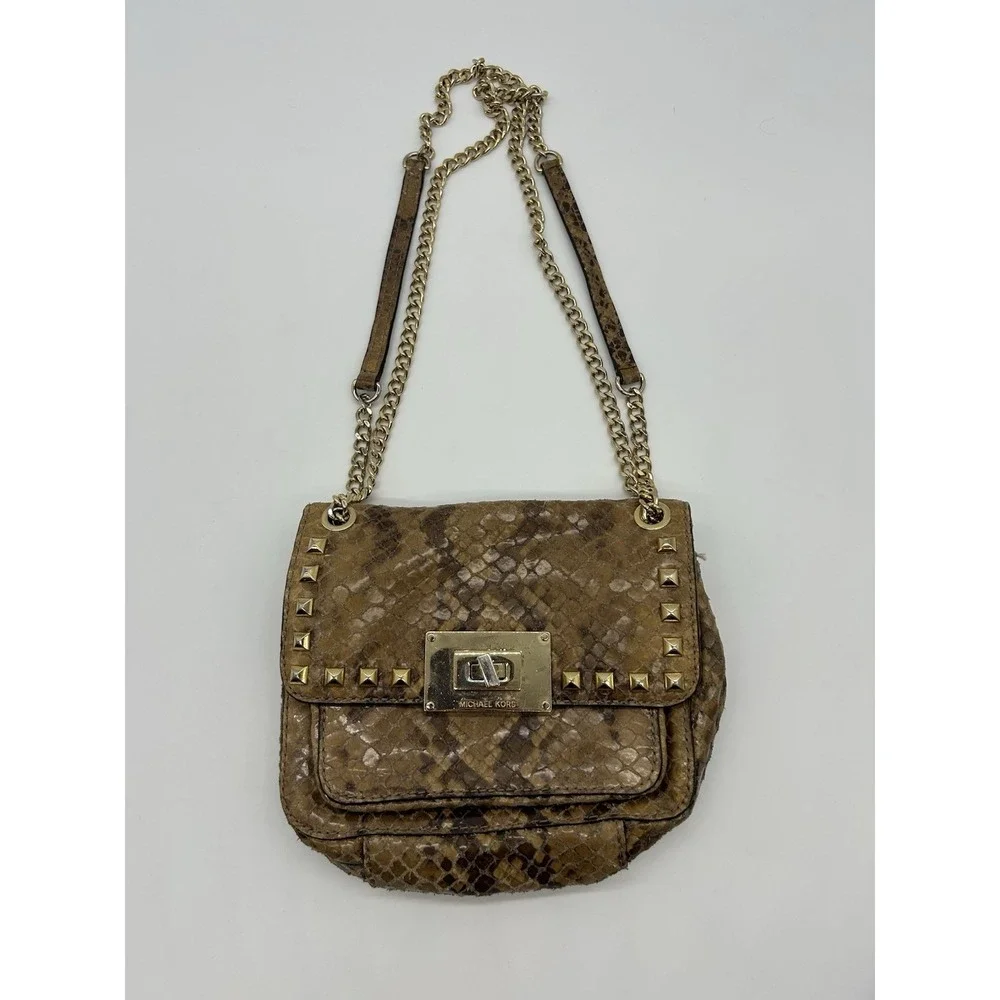 MICHAEL KORS Selma Python Embossed Leather Studded Shoulder Bag Gold Chain Flap